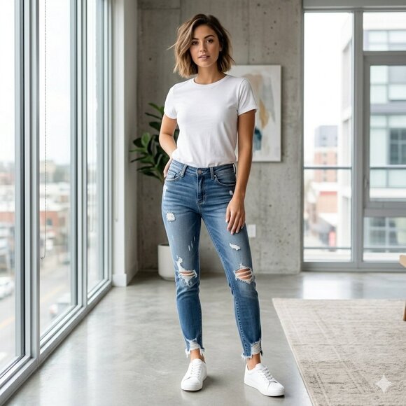 Judy Blue Denim - Judy Blue Size 7/28 Heavy Distressed Skinny Jeans Raw Hem Medium Wash